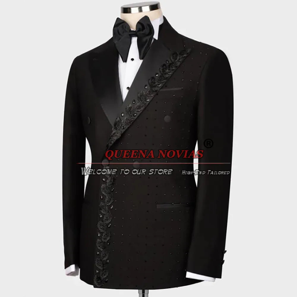 Black Mens Suits For Wedding  Crystals Beaded Jacket With Black Pants 2 Pieces Groom Tuxedos Custom Made Blazer Conjunto hombre