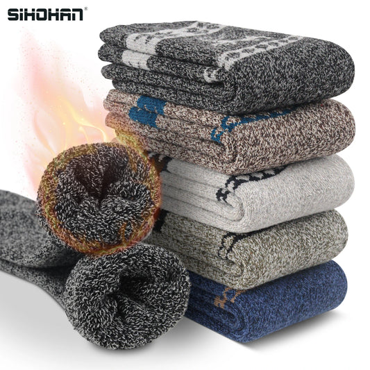 5 Pairs Men's Merino Wool Socks Thick Winter Wool Hiking Socks Warm Breathable Crew Snow Boot Socks for Outdoor Home