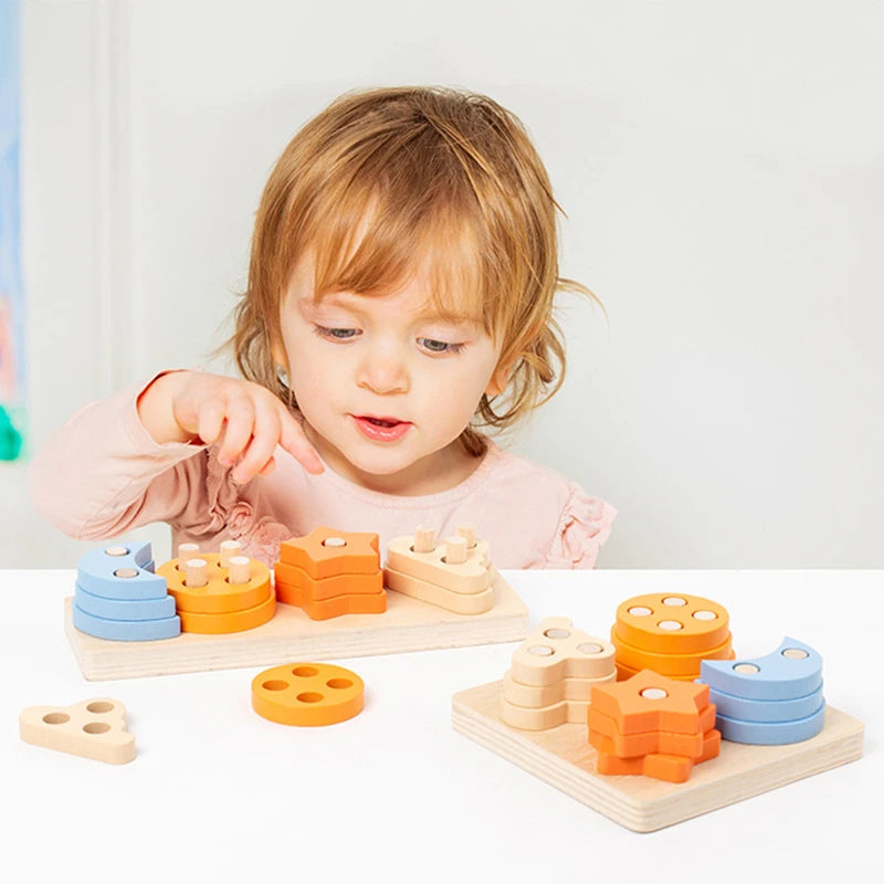 Montessori Kids Wooden Shape Toy Building Blocks Early Learning Educational Toys Color Match Puzzle for Children 1 2 3 Years