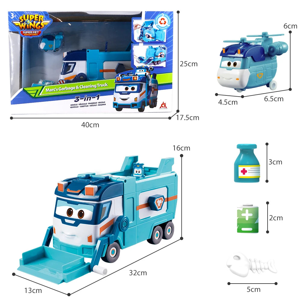 Super Wings Marc's Garbage & Cleaning Truck 3-in-1 Street Sweeping & Street Patrol & Waste Recycling Mode Transformation Kid Toy