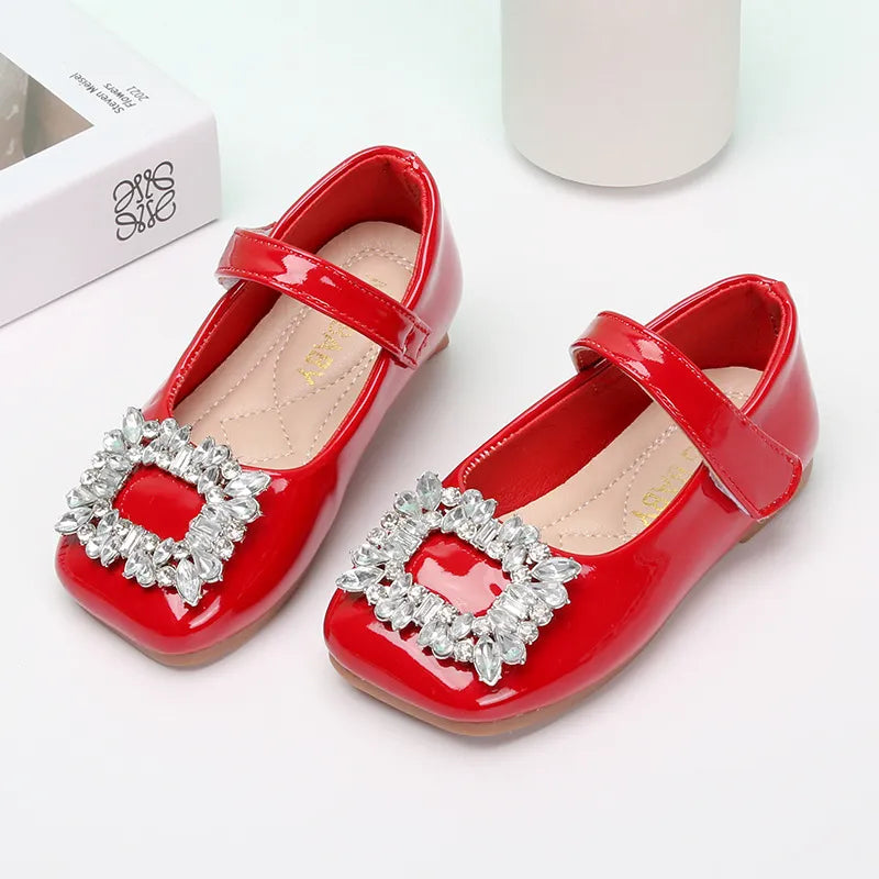 Spring Autumn 2023 Kids Shoes for Girl Leather Shoes Fashion Rhinestone Flat Heels Infant Girls Party Shoes Red Black