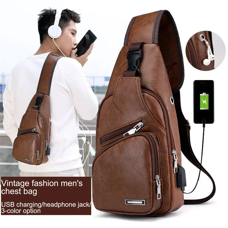 USB Charging Chest Bag With Headset Hole Men Multifunction Single Strap Anti-theft Chest Bag Adjustable Shoulder Strap