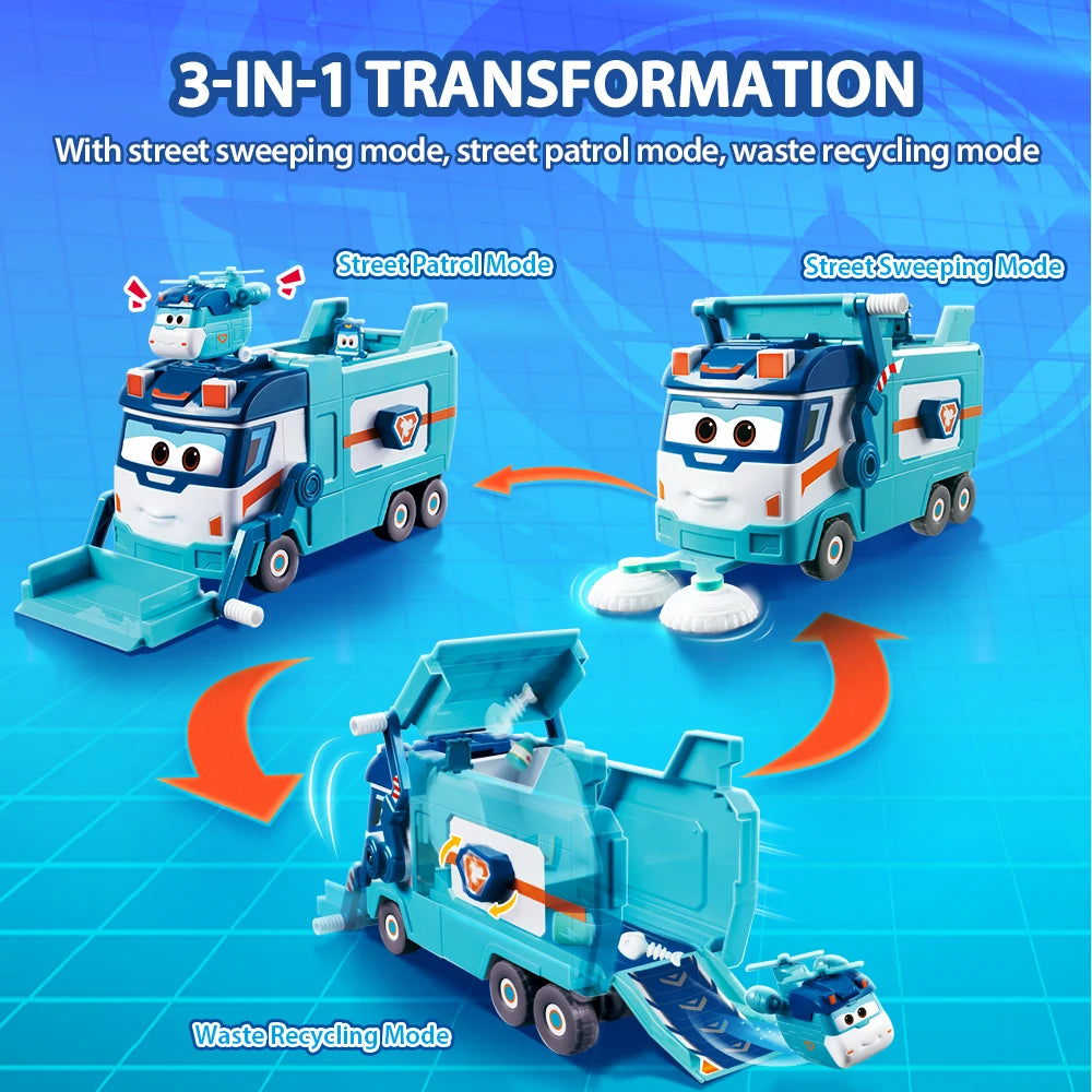 Super Wings Marc's Garbage & Cleaning Truck 3-in-1 Street Sweeping & Street Patrol & Waste Recycling Mode Transformation Kid Toy