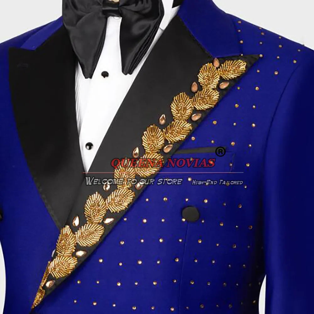 Black Mens Suits For Wedding  Crystals Beaded Jacket With Black Pants 2 Pieces Groom Tuxedos Custom Made Blazer Conjunto hombre