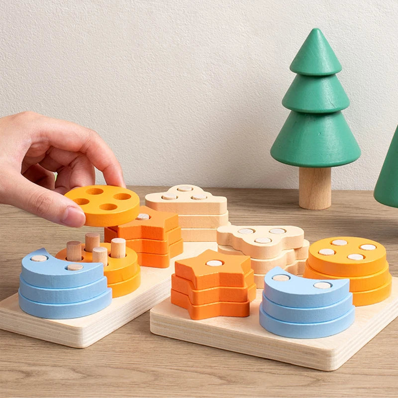 Montessori Kids Wooden Shape Toy Building Blocks Early Learning Educational Toys Color Match Puzzle for Children 1 2 3 Years