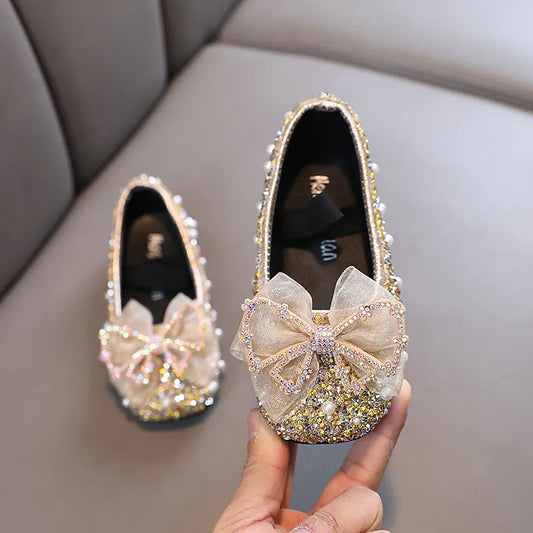 AINYFU Spring Children's Lace Bow Princess Shoes Girls Color Sequins Leather Shoes New Kids Soft-Soled Wedding Shoes H807