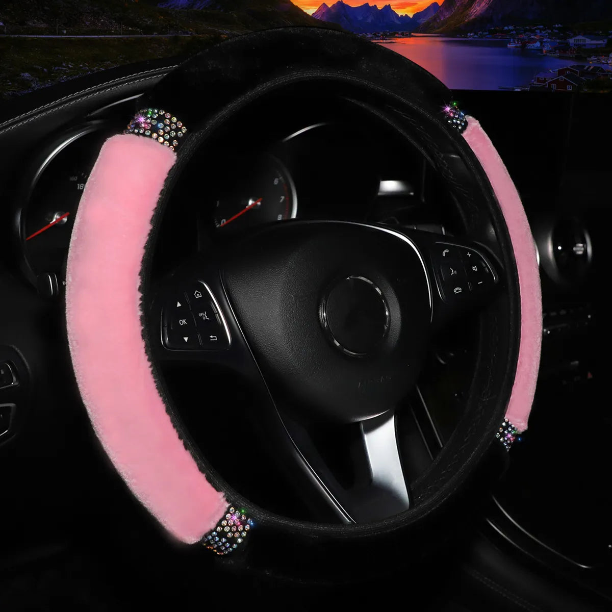 Universal 37-38cm Diameter Soft Plush Rhinestone Car Steering Wheel Cover Interior Accessories Black Pink Car Steering Cover