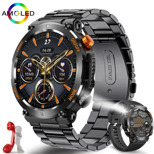 Montre connectée pour hommes, boussole, Sports de plein air, lumière d'urgence, étanche IP67, Bluetooth, appel, écran entièrement tactile, lampe de poche,