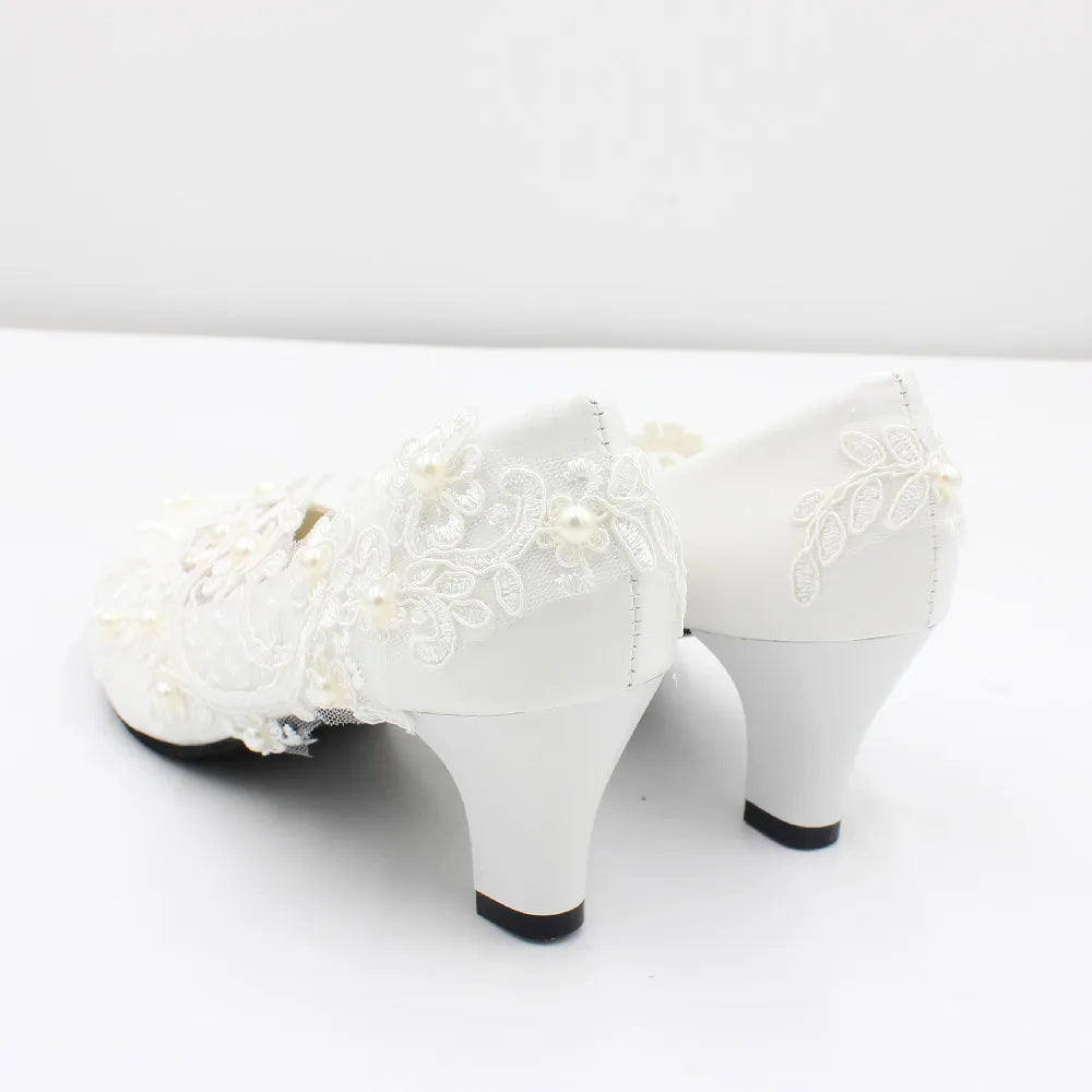 White lace large size women's shoes Bride wedding shoes Low heel bridesmaid shoes 2022 new round toe high heels BH2203