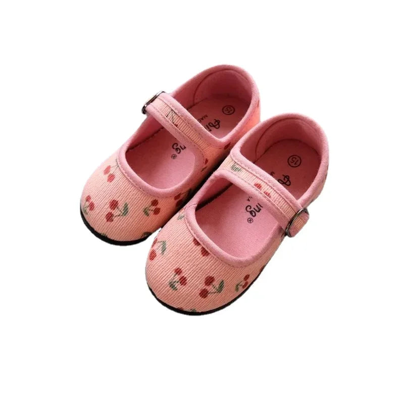 New Korean Version Corduroy Floral Canvas Shoes Girls Square Mouth Indoor Shoes Soft Soled Non-slip Baby Casual Shoes Zapatillas