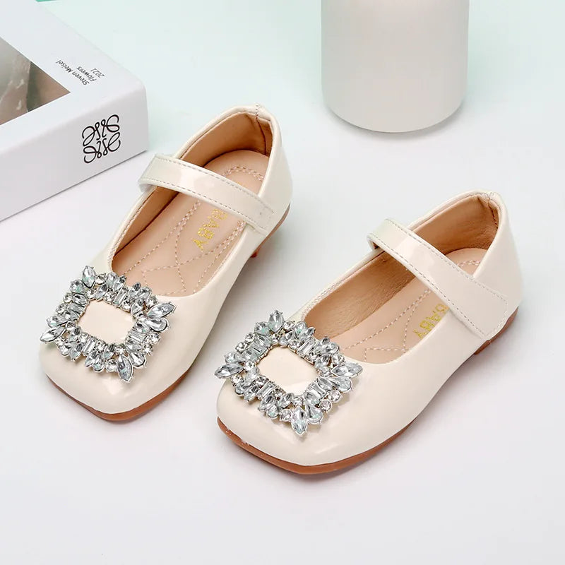 Spring Autumn 2023 Kids Shoes for Girl Leather Shoes Fashion Rhinestone Flat Heels Infant Girls Party Shoes Red Black