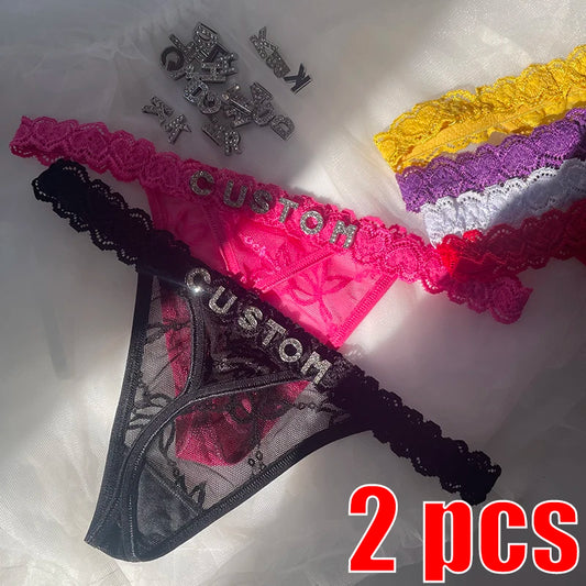 Thong With Name Custom 2Pc/set Rhinestone Letters Waist Chain For Women Sexy Girl Lace String Bikini Customize Briefs Girlfriend