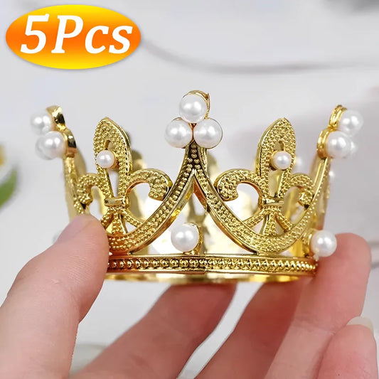 Couronne diadème en perles pour bébé, 5/1 pièces, Mini couronne dorée, garniture de gâteau pour arrangements floraux, décoration de douche, d'anniversaire et de mariage