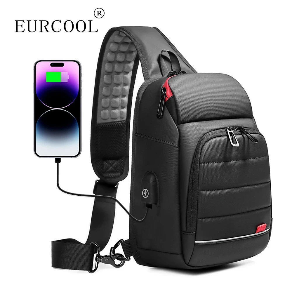 EURCOOL Multifunction Men Chest Bag for 9.7"USB Backpack Charging Messenger Handbags Crossbody Shoulder Sling Male Bags Bolsas