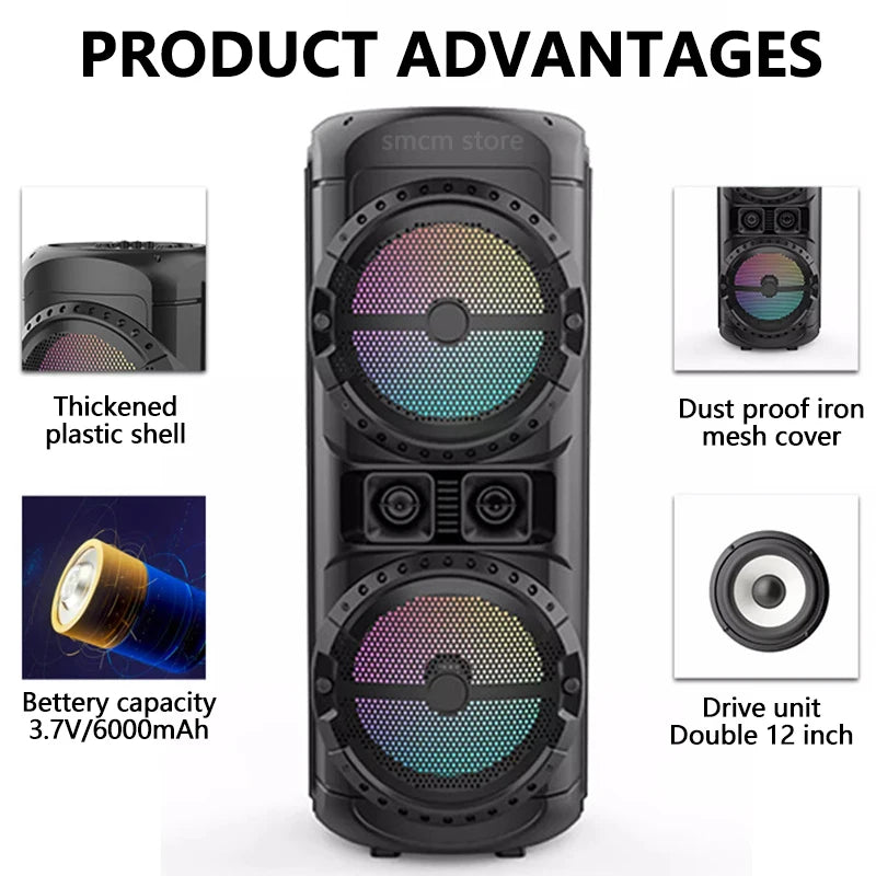 12 Inch Double Horn Subwoofer 125W Super Large Outdoor Bluetooth Speaker Portable Wireless Column Bass Sound with Microphone FM