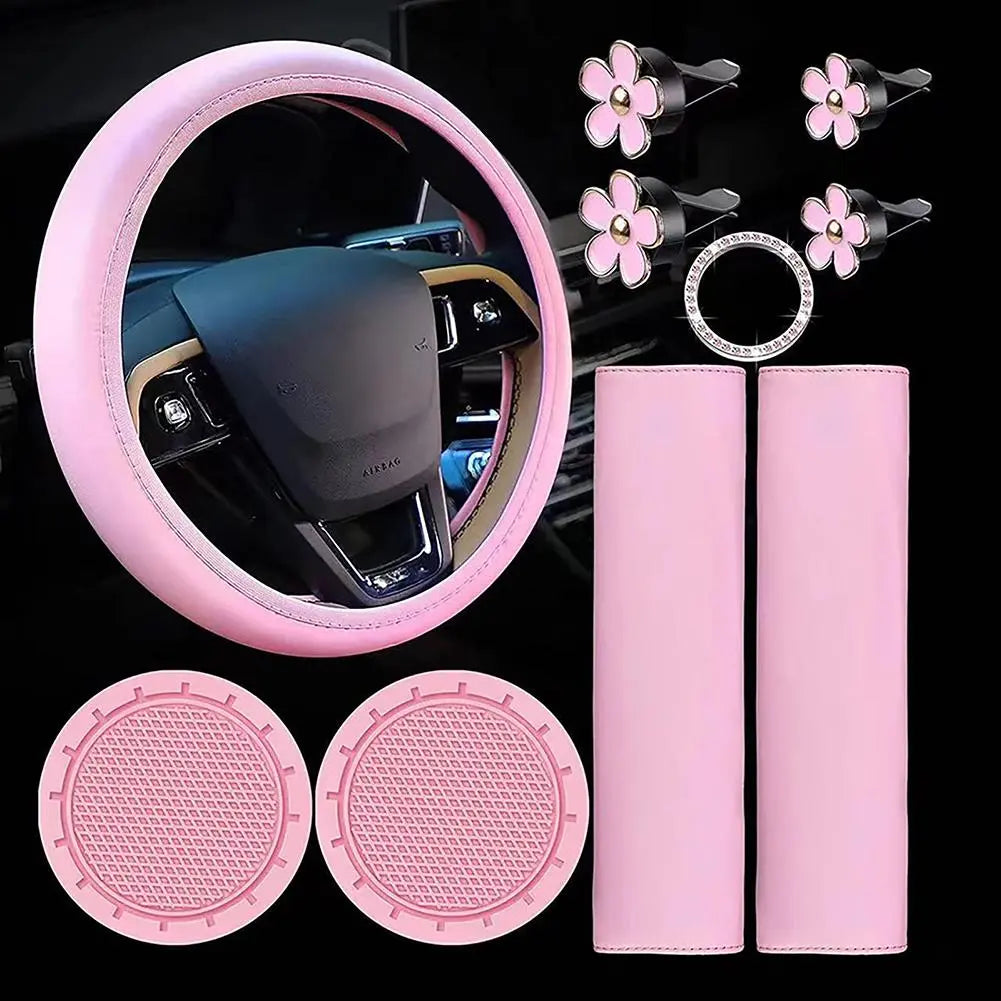 Housse de volant en cuir pour femmes, 10 pièces, ensemble d'accessoires de voiture mignons avec ceinture de sécurité, épaulettes, porte-gobelets, décorations de voiture