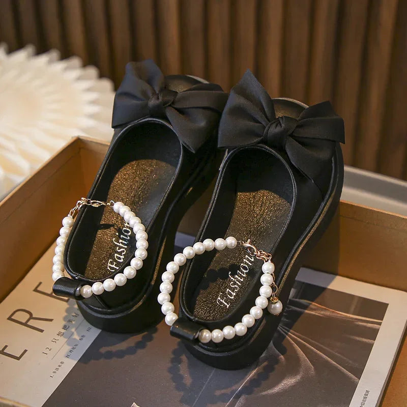 Children's Fashionable Black Leather Shoes with Pearl Chain Bow Cute Girl Mary Janes 2023 New Kids Versatile Wedding Party Shoes