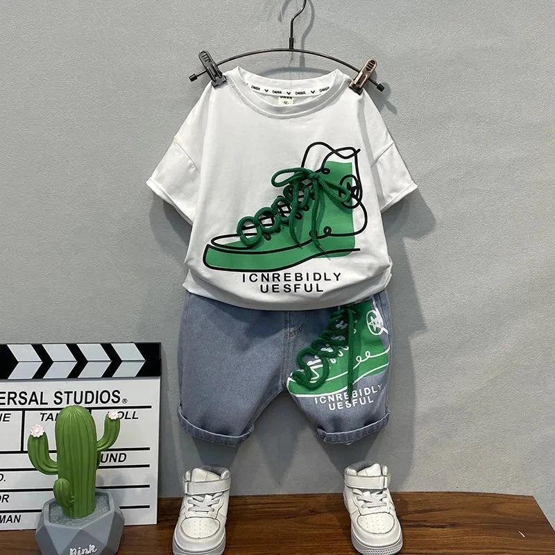 Baby Boys Summer Clothing Set 2023 New Korean Children's casual short sleeved T-shirt and shorts 2-piece set