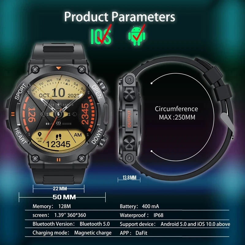 Montre connectée militaire robuste pour hommes, AMOLED , sport, appel BT, étanche, originale, 100