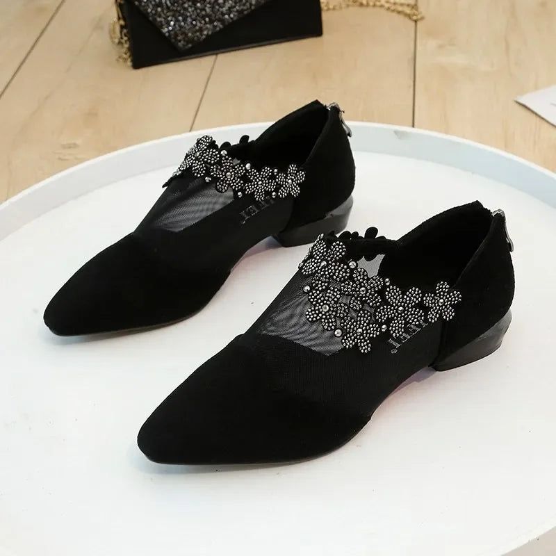 Women 2023 Summer Fashion Black Lace Rhinestone Sandals Flowers Low Heel Sandals Mesh Plus Size Sandalias Mujer Casual Shoes