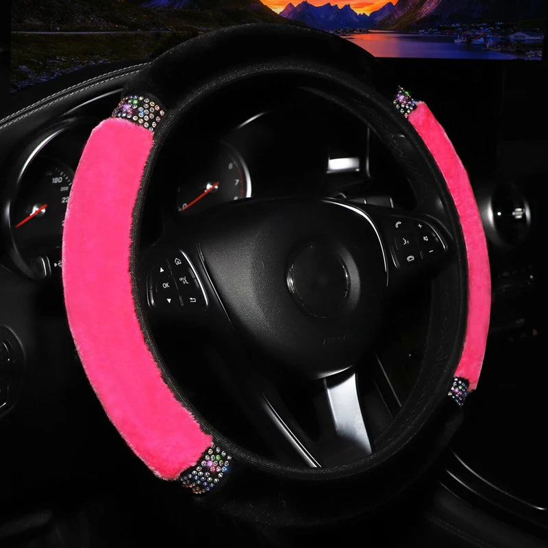 Universal 37-38cm Diameter Soft Plush Rhinestone Car Steering Wheel Cover Interior Accessories Black Pink Car Steering Cover