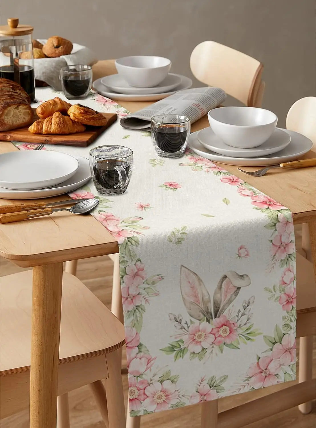 Chemin de Table en lin avec oreilles de lapin de Pâques, fleurs roses, pour commode, foulards, décoration de Table, ferme, salle à manger, décoration de fête de vacances, maison et jardin