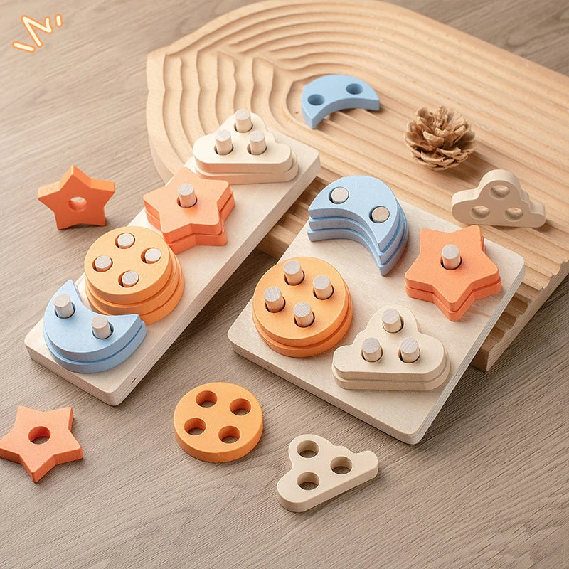 Montessori Kids Wooden Shape Toy Building Blocks Early Learning Educational Toys Color Match Puzzle for Children 1 2 3 Years