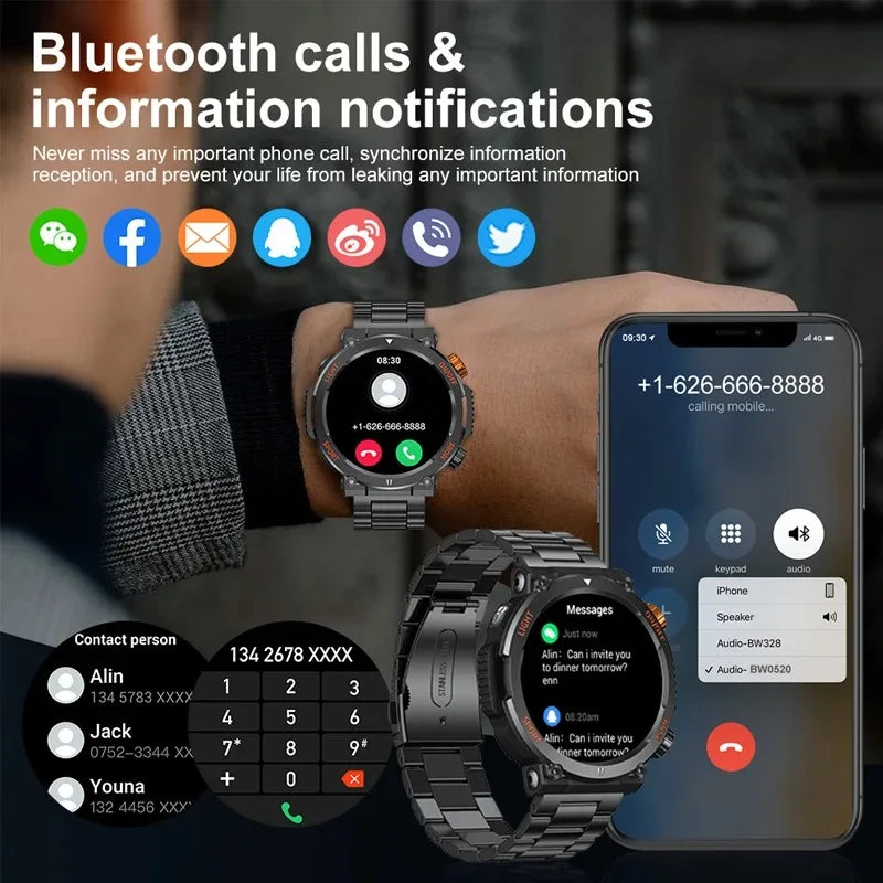 Montre connectée pour hommes, boussole, Sports de plein air, lumière d'urgence, étanche IP67, Bluetooth, appel, écran entièrement tactile, lampe de poche,