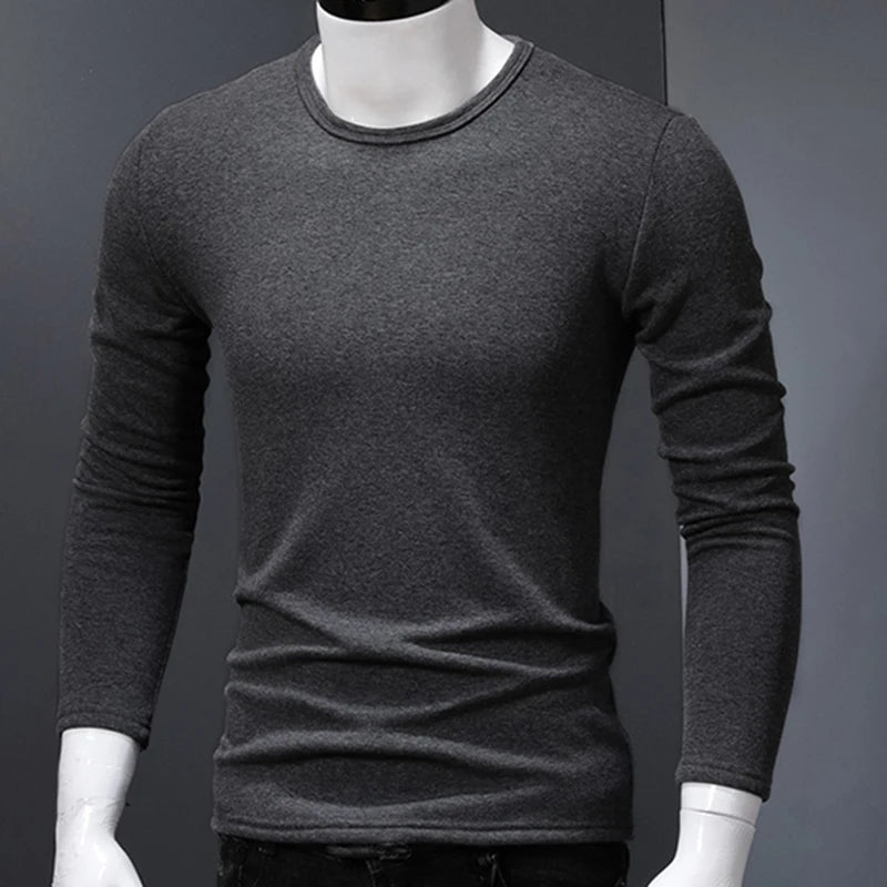 Ammug Winter Solid Color Thickened Men Long Sleeved T-shirt Added Velvet Layered On Top Base Shirt Slim Fit T-shirt Top