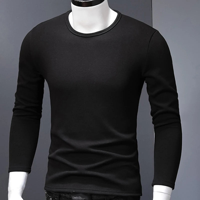 Ammug Winter Solid Color Thickened Men Long Sleeved T-shirt Added Velvet Layered On Top Base Shirt Slim Fit T-shirt Top