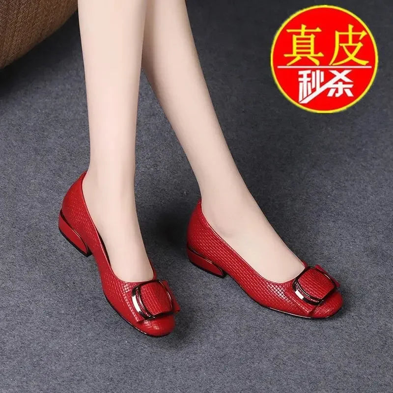 Chaussures en cuir souple pour femmes, nouvelle collection printemps et automne 2023, semelle souple antidérapante, chaussures confortables à talons épais, mode femme, tête ronde, Chaussures en cuir souple pour femmes, nouvelle collection printemps et