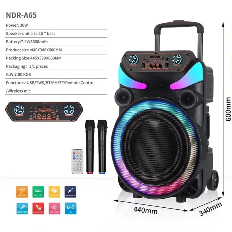 15 Inch Peak Power 1500W Outdoor Bluetooth Speaker Portable Karaoke Party Soundbox Subwoofer with Mic Remote Control Audio A65