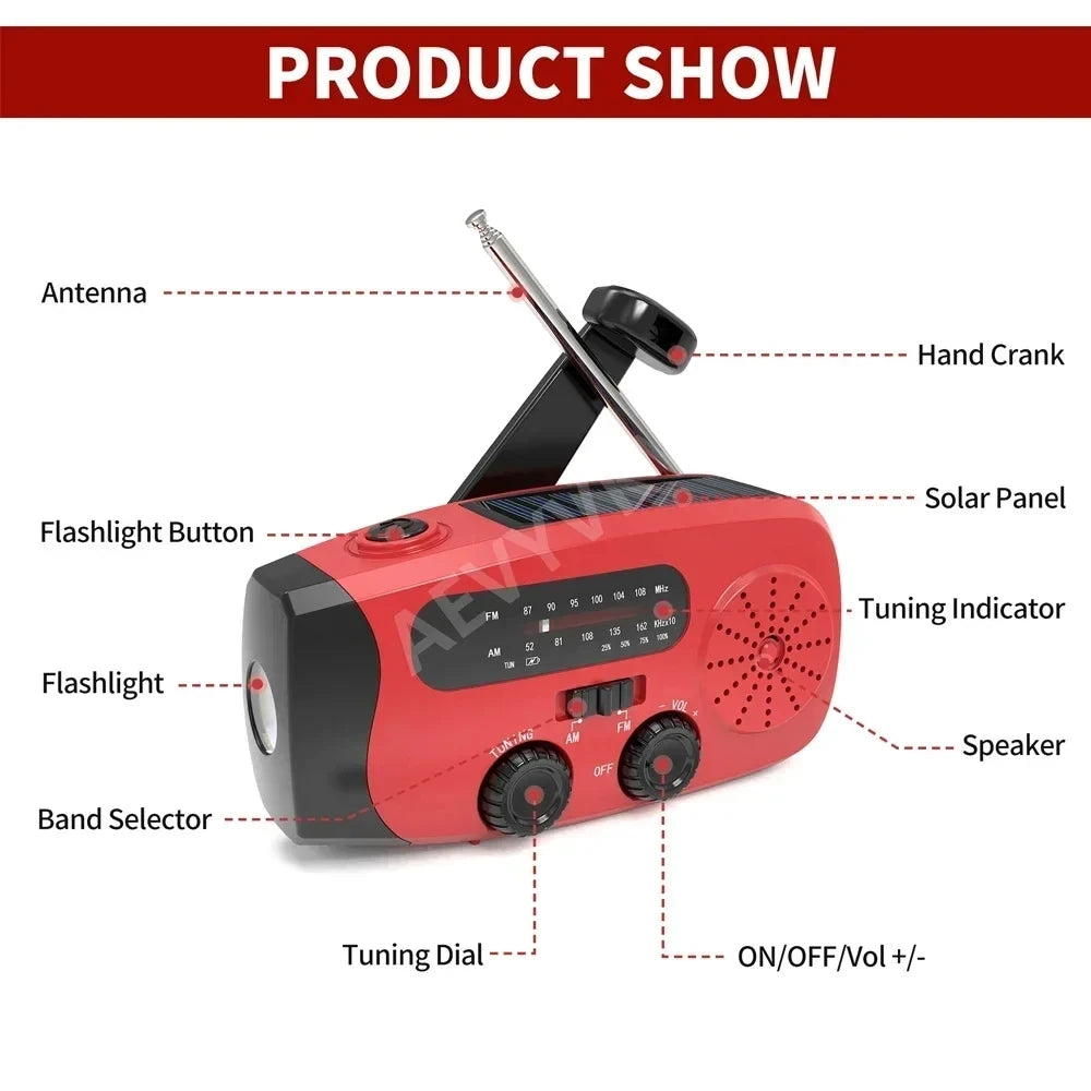 Upgrade Multifunction Radio Hand Crank Solar USB TYPE-C FM/AM/NOAA WB Weather Radio Emergency Flashlight 2000 mAh Mobile Power