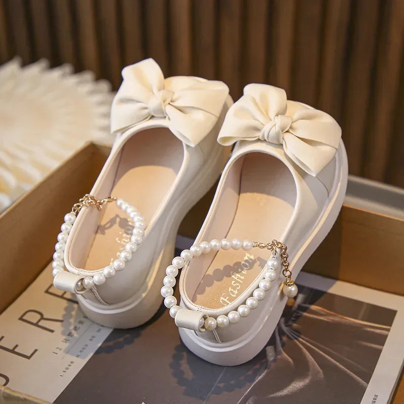 Children's Fashionable Black Leather Shoes with Pearl Chain Bow Cute Girl Mary Janes 2023 New Kids Versatile Wedding Party Shoes