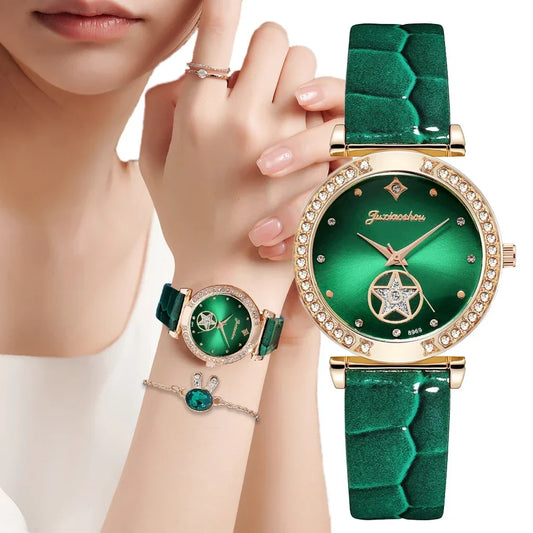 Femmes de luxe Mode Vert Montres Qualités Diamant Clouté Montre À Quartz Dames En Cuir Montres Élégantes Montre Femme