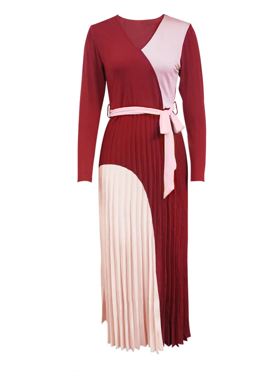 LW Bandage Conception Plissée Une Ligne Maxi Robes Taille À Lacets Patchwork Rouge Et Rose Couleur Bloc Élégant Bureau Dame Robes