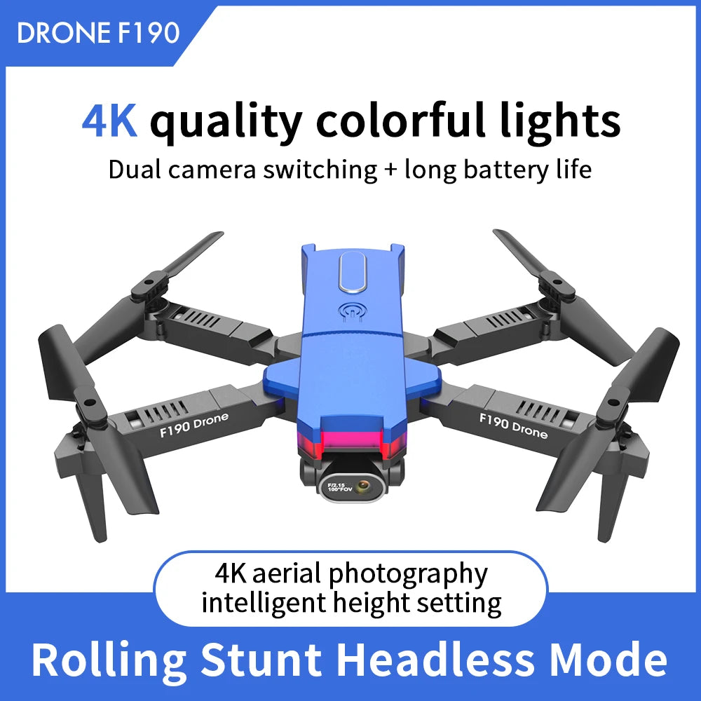 Drone F190 avec caméra HD 4K pliable, photographie aérienne, hauteur fixe, quadrirotor, éclairage coloré, jouet, avion télécommandé