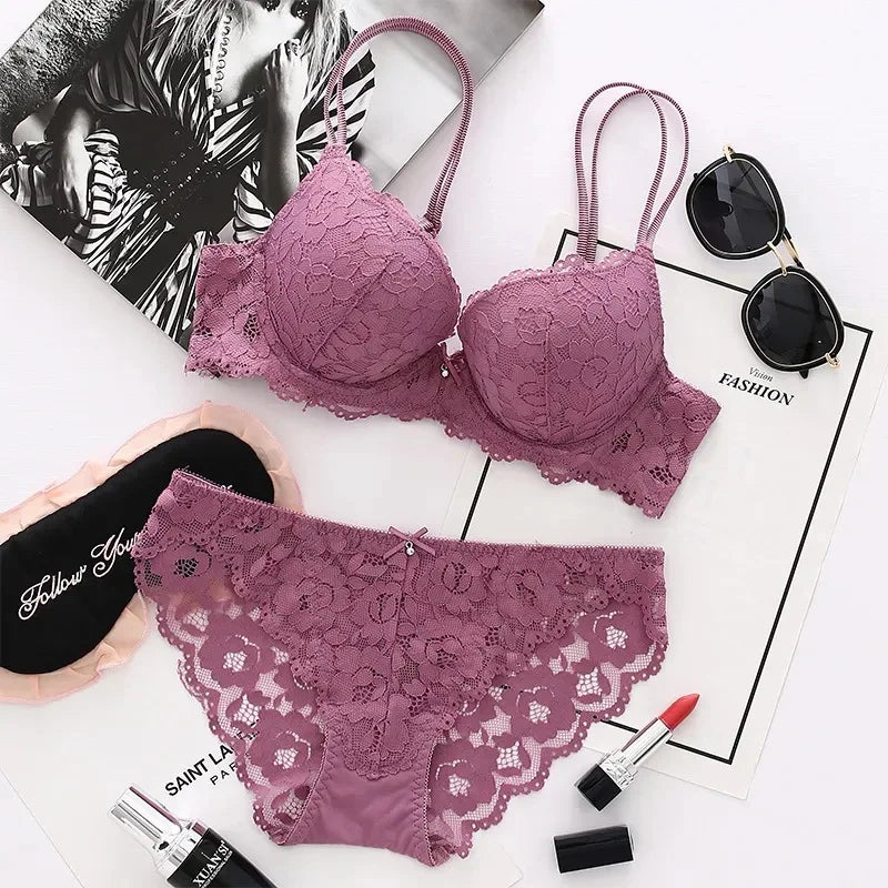 Japanese Style Lingerie Set Comfort Underwear Lace Thin Screw Thread Push Up Bra Set beauty back Big Size Women Bra Panties Set