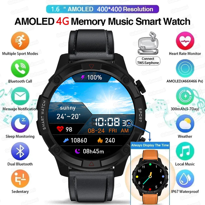 Montre connectée pour hommes, écran 2024x454, affichage toujours de l'heure, appels Bluetooth, musique locale, téléphone Android iOS, nouveau, 454