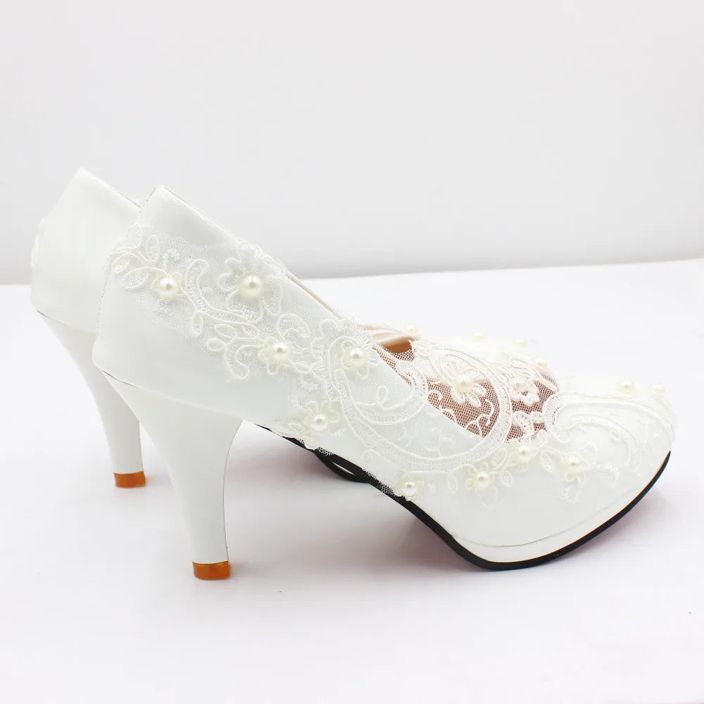 White lace large size women's shoes Bride wedding shoes Low heel bridesmaid shoes 2022 new round toe high heels BH2203