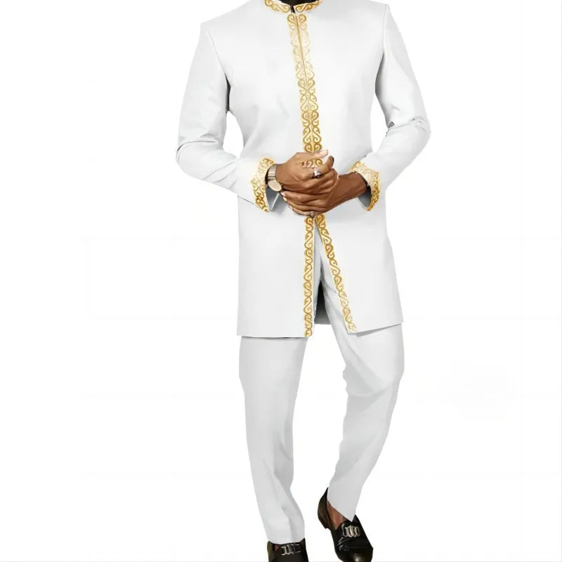 Vêtements pour hommes africains mode brodé haut et pantalon 2 pièces ensemble élégant classique mince fête bal décontracté beau costume