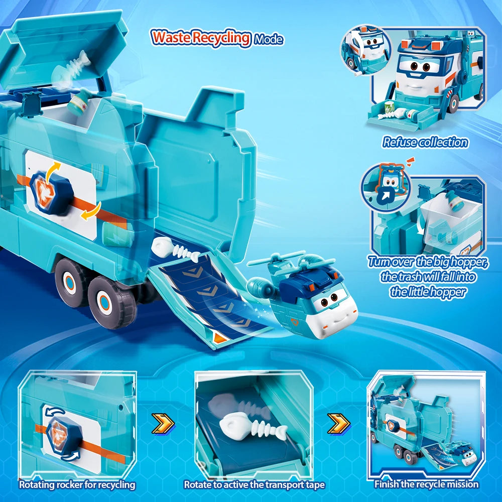 Super Wings Marc's Garbage & Cleaning Truck 3-in-1 Street Sweeping & Street Patrol & Waste Recycling Mode Transformation Kid Toy