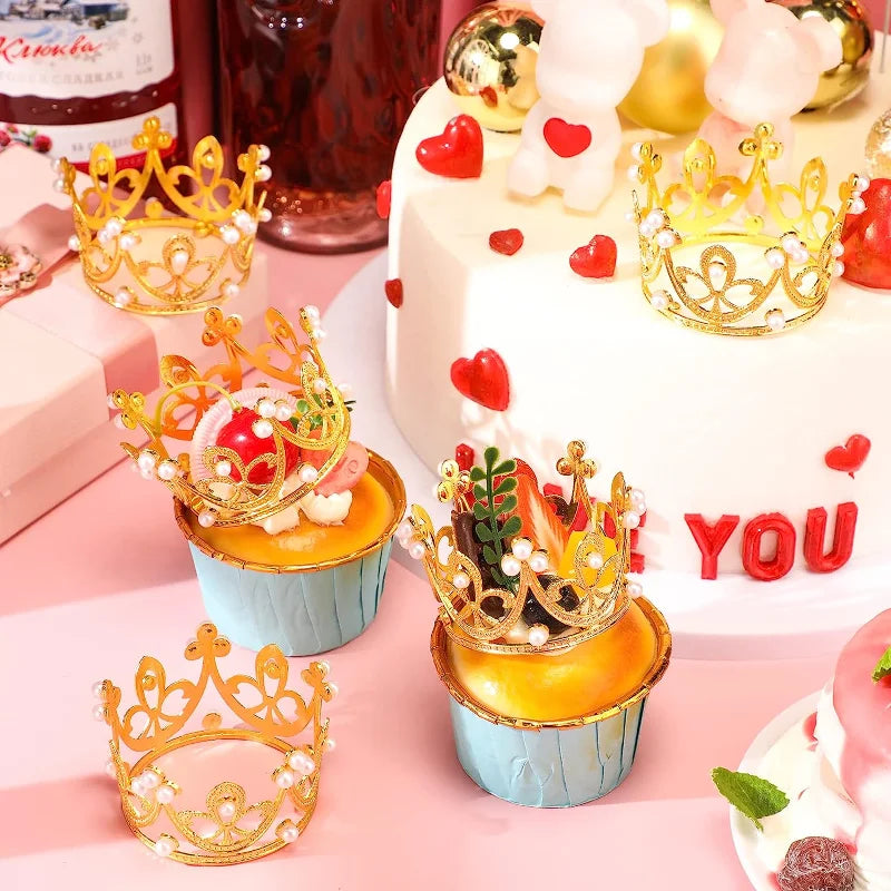 Couronne diadème en perles pour bébé, 5/1 pièces, Mini couronne dorée, garniture de gâteau pour arrangements floraux, décoration de douche, d'anniversaire et de mariage