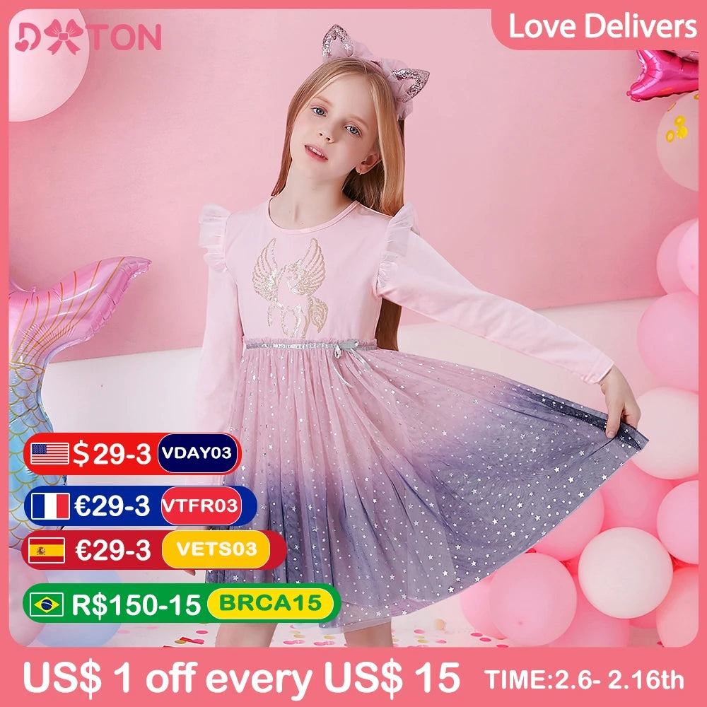 DXTON Filles Robes À Paillettes Enfants Robe Imprimé Licorne À Manches Longues Robe De Fête D'anniversaire Bambins Filles Tulle Robes De Princesse