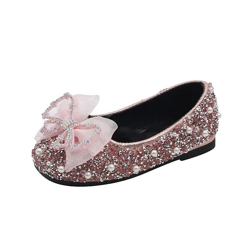 AINYFU Spring Children's Lace Bow Princess Shoes Girls Color Sequins Leather Shoes New Kids Soft-Soled Wedding Shoes H807