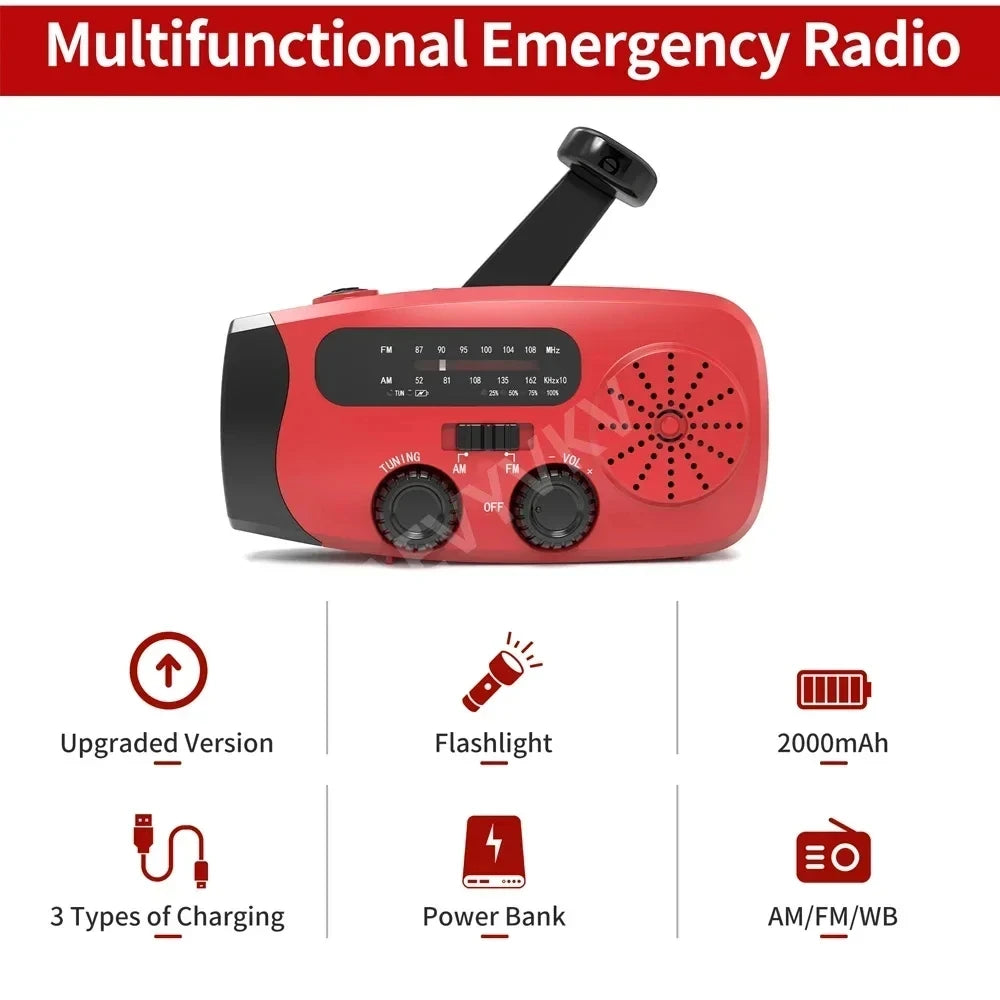 Upgrade Multifunction Radio Hand Crank Solar USB TYPE-C FM/AM/NOAA WB Weather Radio Emergency Flashlight 2000 mAh Mobile Power