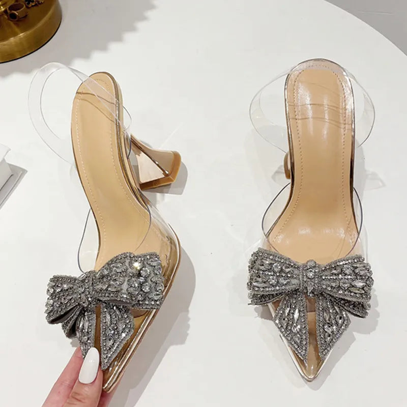 Liyke Fashion Crystal Sequined Bowknot Women Pumps Sexy Pointed Toe High Heels Wedding Prom Shoes Ladies PVC Transparent Sandals