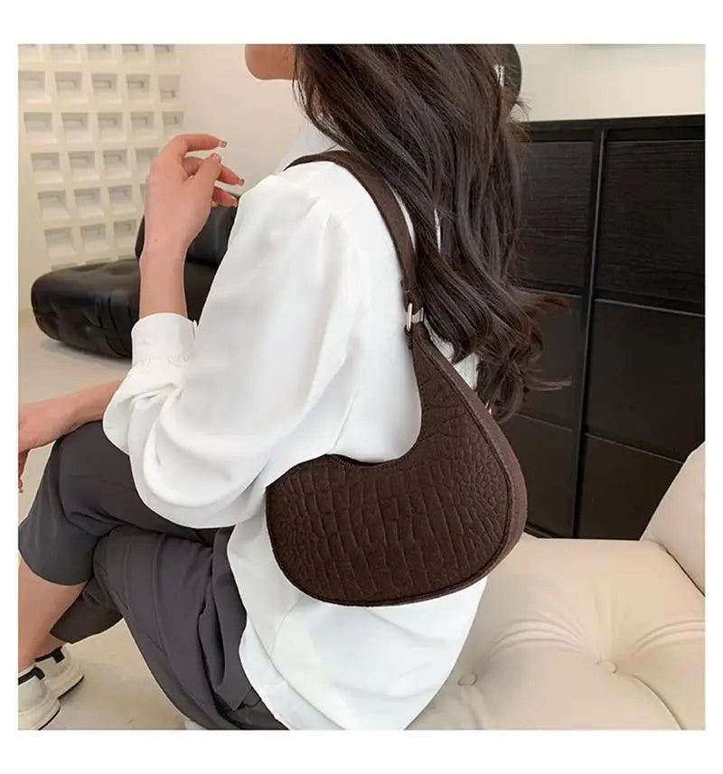 2023 Fashion Women's Bag Korean New Stone Pattern Underarm Bag Casual Shoulder Bag Felt Solid Color Handbag Crescent Saddle Bag