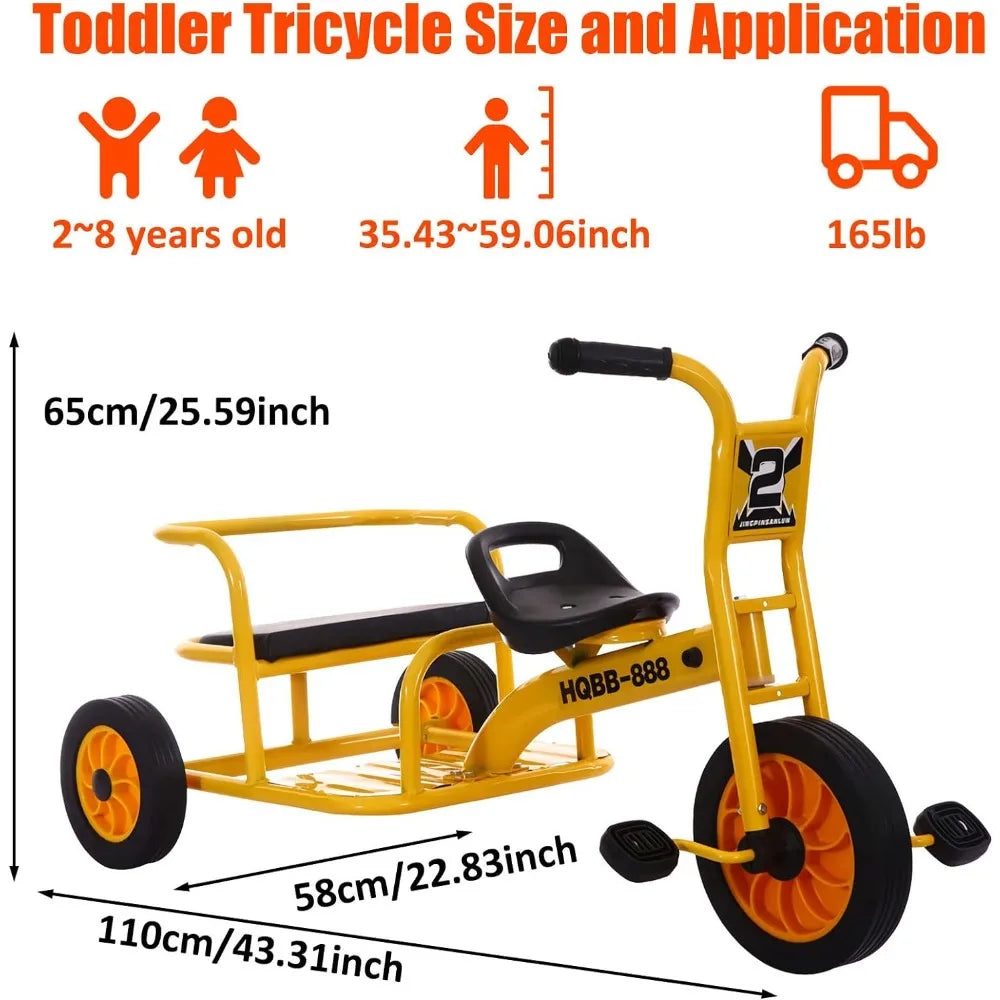 Kids Tricycle for Riders Ages 2+,with Adjustable Seat,Metal Kids Tandem Trike with Passenger Seat,Inflation-Free Rubber Wheel