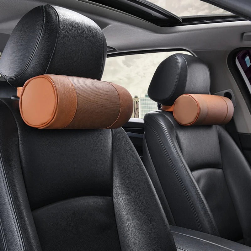 Oreiller cylindrique en cuir de vache pour siège de voiture, 1 pièce, mousse à mémoire de forme, coussin de colonne vertébrale pour le cou, chaise de bureau, tapis d'appui-tête pour BMW Benz